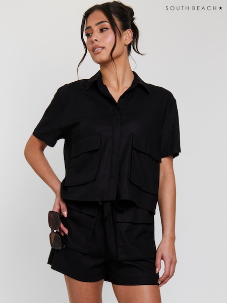 South Beach Black Linen Blend Short Sleeve Utility Shirt (H78580) | £30