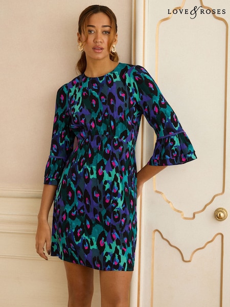 Love & Roses Green Animal Flute Sleeve Mini Dress (H79680) | £56