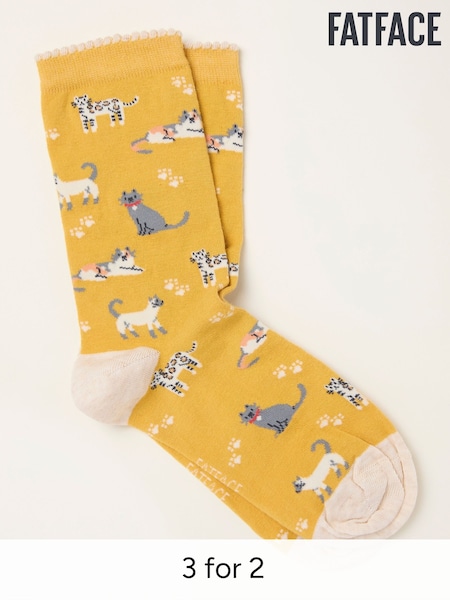 FatFace Mustard Yellow Cat Socks (H79821) | £7.50