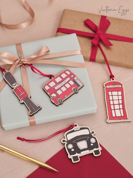 Victoria Eggs Set of 6 Red London Christmas Wooden Decorations (H80291) | £27