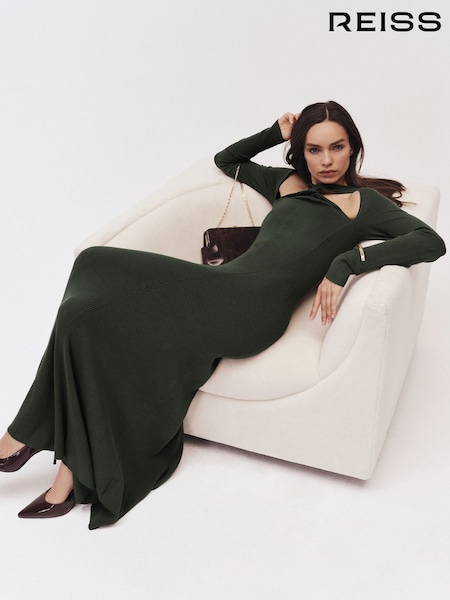 Reiss Dark Green Vivienne Cut-Out Knitted Maxi Dress (H80407) | £198
