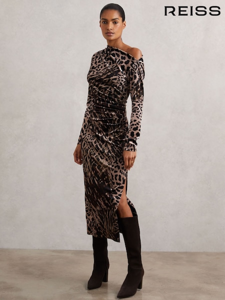 Reiss Black/Brown Briana Velvet Leopard-Print Midi Dress (H80418) | £170