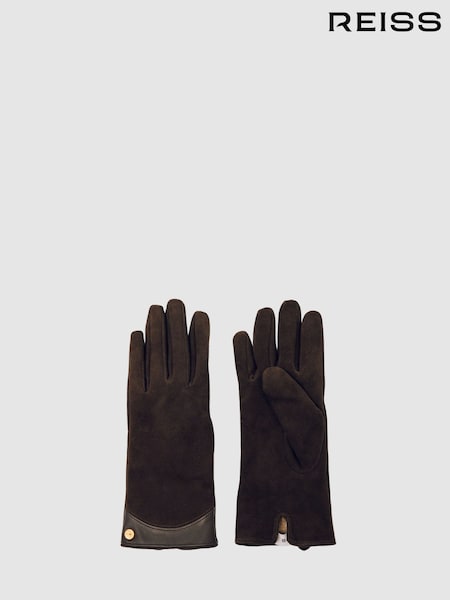 Reiss Chocolate Claudia Suede Leather-Trim Gloves (H80419) | £68