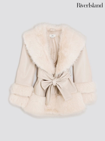 River Island Cream Girls Faux Leather Fur Wrap Coat (H80529) | £49
