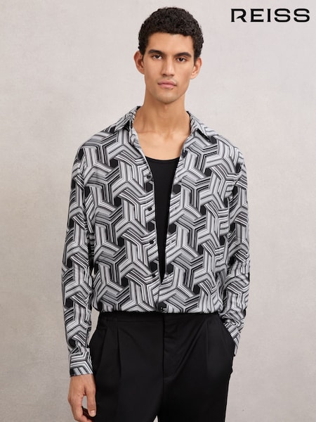 Reiss Black/White Conduit Abstract-Print Button-Through Shirt (H80555) | £120