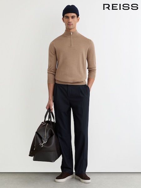 Reiss Camel Brown Blackhall Merino Wool Half-Zip Jumper (H80575) | £98