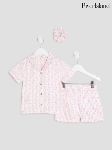 River Island Pink Girls Rosebud Stripe Satin Pyjamas (H80579) | £20