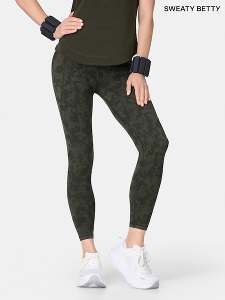 Sweaty Betty Green Linear Foliage Print 7/8 Length Power Embossed Workout Leggings (H80608) | £88