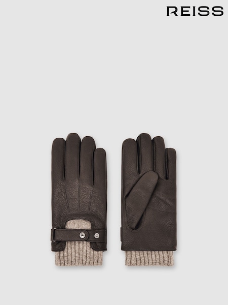 Reiss Dark Brown Sanford Leather Ribbed-Cuff Gloves (H80745) | £110