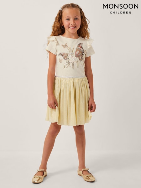 Monsoon Natural Unicorn Embellished Plisse Disco Dress (H80755) | £0