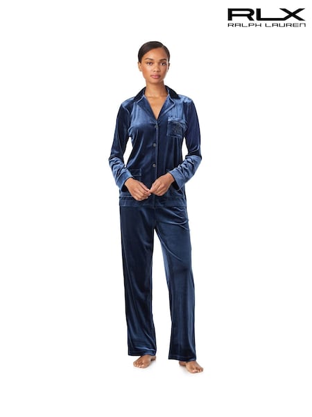 Lauren Ralph Lauren Blue Velvet Long Sleeve Notch Collar Boxer Pyjamas Set (H81144) | £129