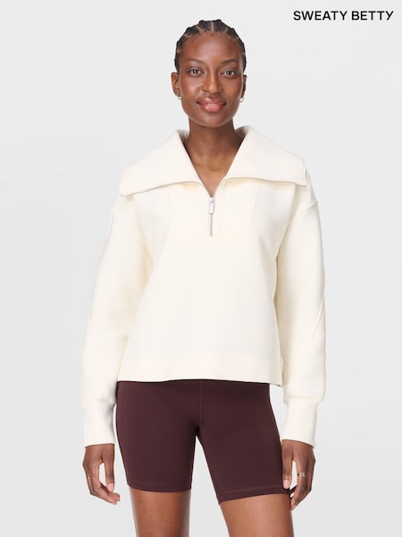Sweaty Betty White Peaceful Rib Half Zip Cropped Sweatshirt (H81171) | £90