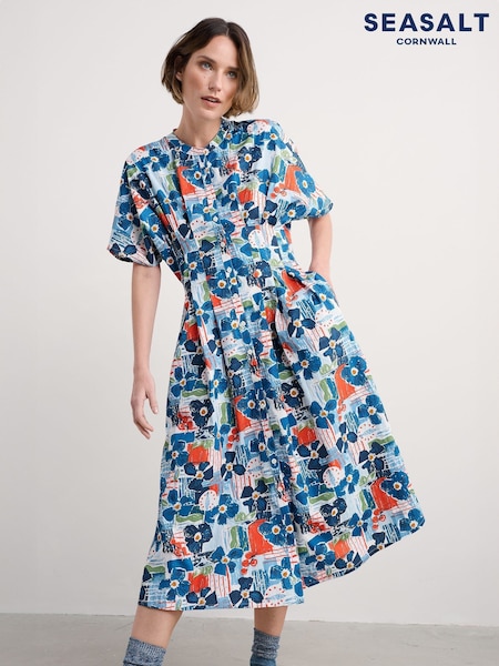 Seasalt Cornwall Blue Lamorna Cinched Pleated Dress (H81232) | £80