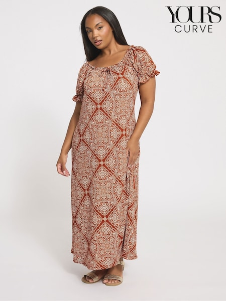 Yours Curve Brown Textured Milkmaid Dress (H81533) | £37