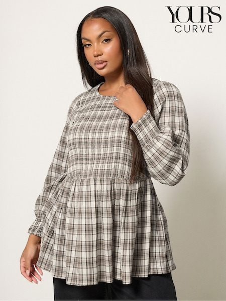 Yours Curve Grey Shirred Textured Check Top (H81536) | £31