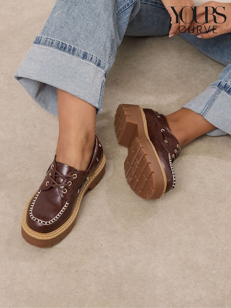 Yours Curve Brown Extra Wide Fit Chunky Lace Up Boat Shoes (H81538) | £41