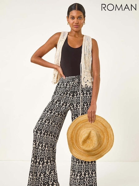 Roman Black Crinkle Print Tie Detail Trousers (H81702) | £32
