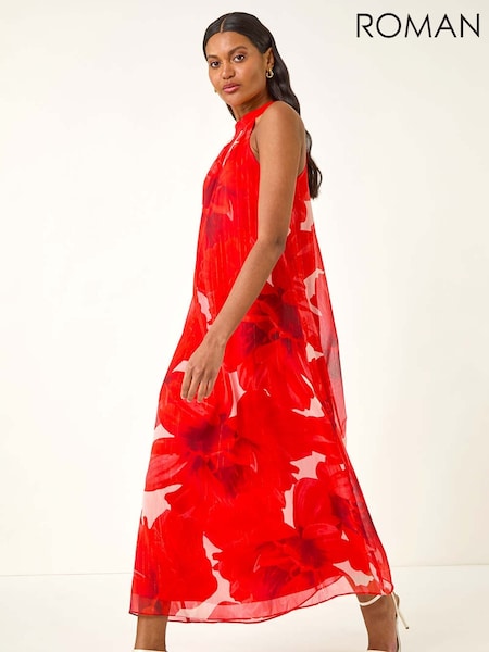 Roman Red Floral Print Halterneck Midi Dress (H81722) | £68