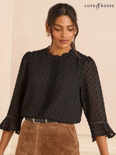 Love & Roses Black Petite 3/4 Flute Sleeve Dobby Blouse (H81779) | £32