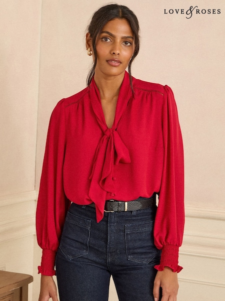 Love & Roses Red Petite Long Sleeve Pussybow Blouse (H81785) | £36