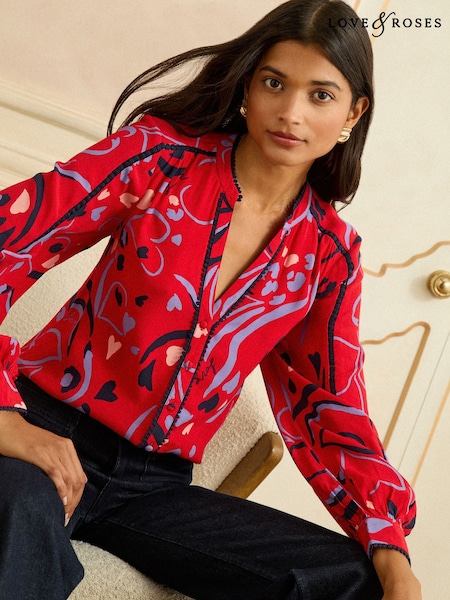 Love & Roses Red Print Petite Notch Neck Long Sleeve Blouse (H81793) | £39