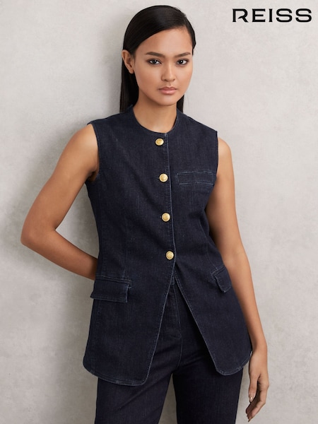 Reiss Dark Blue Athena Denim Long-Line Waistcoat (H81975) | £190