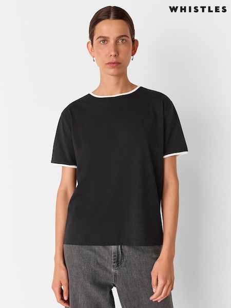 Whistles Black Contrast Piping Detail T-Shirt (H82360) | £49