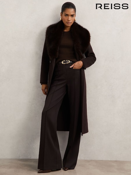 Reiss Chocolate Brown Benny Faux-Fur Collar Blindseam Coat Wool-Blend (H82404) | £398