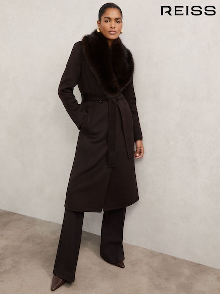 Reiss Chocolate Brown Benny Petite Faux-Fur Collar Blindseam Coat Wool-Blend (H82410) | £398
