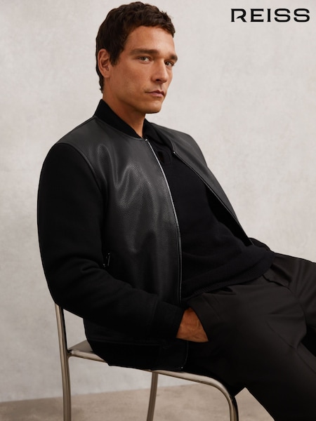 Reiss Black Pearman Leather Contrast-Sleeve Bomber Jacket (H82411) | £448
