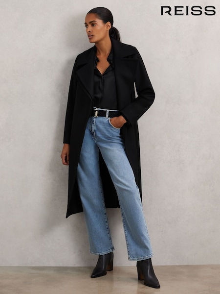 Reiss Black Odette Petite Wool-Blend Double-Lapel Belted Coat With Cashmere (H82413) | £380