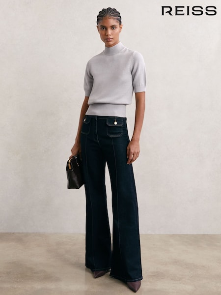 Reiss Grey Aria Cotton and Wool Funnel-Neck Knit Top (H82419) | £88