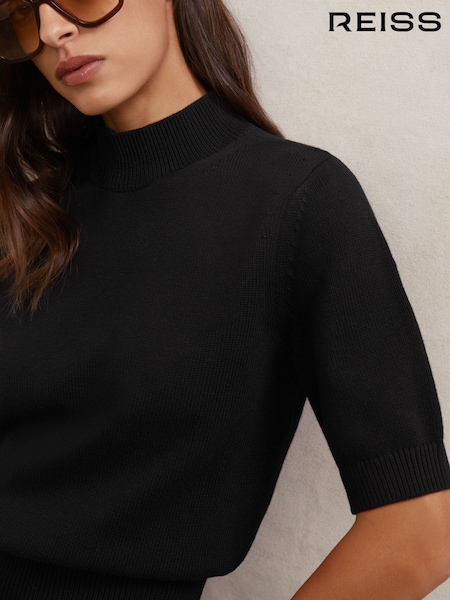 Reiss Black Aria Cotton and Wool Funnel-Neck Knit Top (H82424) | £88