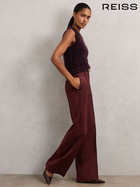 Reiss Burgundy Luisa Wide-Leg Pintuck Trousers (H82436) | £170