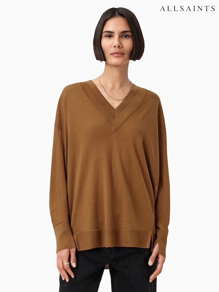 AllSaints Brown Bern Panel V-Neck Jumper (H82528) | £139