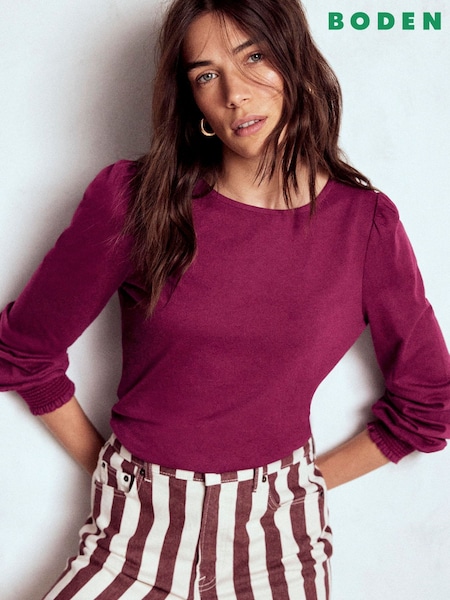 Boden Purple Supersoft Smocked Cuff Top (H82634) | £36