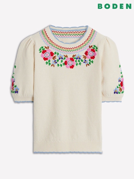Boden Cream Puff Sleeve Embroidery T-Shirt (H82655) | £98