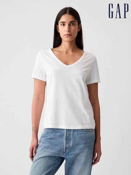 Gap White Cotton Vintage Soft V-Neck T-Shirt (H82680) | £18