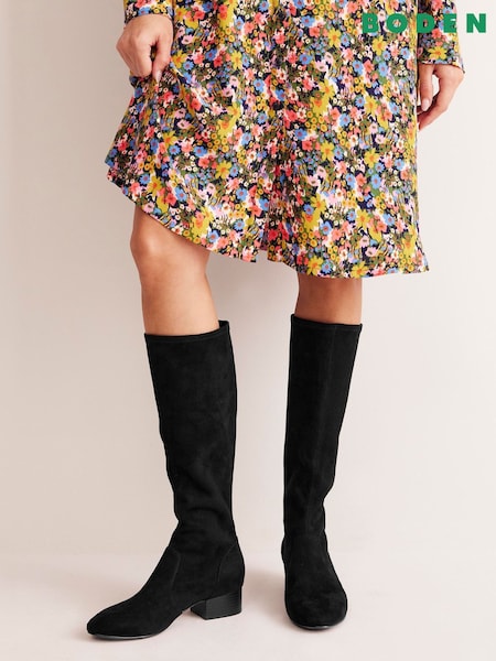 Boden Black Flat Stretch Knee Boots (H82713) | £120