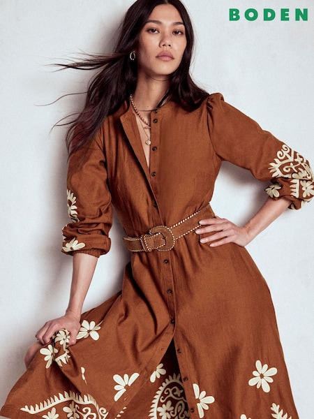 Boden Brown Mae Linen Blend Shirt Dress (H82757) | £210