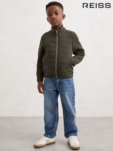 Reiss Dark Green Southend 9-13 yrs Hybrid Quilt and Knit Zip-Through Jacket (H82827) | £62