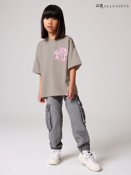 smALLSAINTS Neutral Girls Oversized Orlando Logo Crew 100% Cotton T-Shirt (H82852) | £0