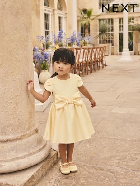 Butter Yellow Flower Girls Bow Front Dress (3mths-10yrs) (H82973) | £38 - £42