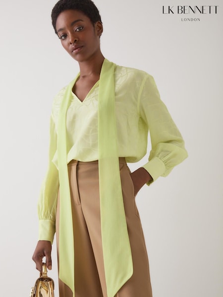 LK Bennett Green Maggie Rope Jacquard Print Silk Blend Blouse With Tie (H83007) | £229