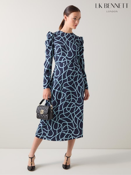 LK Bennett Blue Rope Print Gathered Sleeve Dress (H83017) | £299