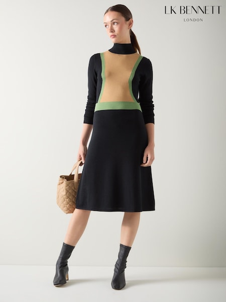 LK Bennett Black Natalia Colourblock Cotton Fine Gauge Merino Dress (H83023) | £199