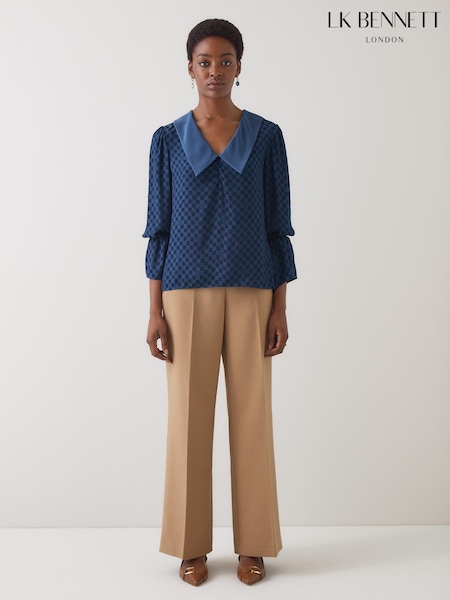 LK Bennett Blue Clarita Checks Polyester Exaggerated Sleeve V-Neck Top (H83025) | £179