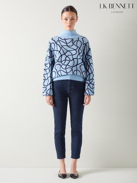 LK Bennett Blue Willa Rope Print Wool Fluffy Sweater (H83026) | £199