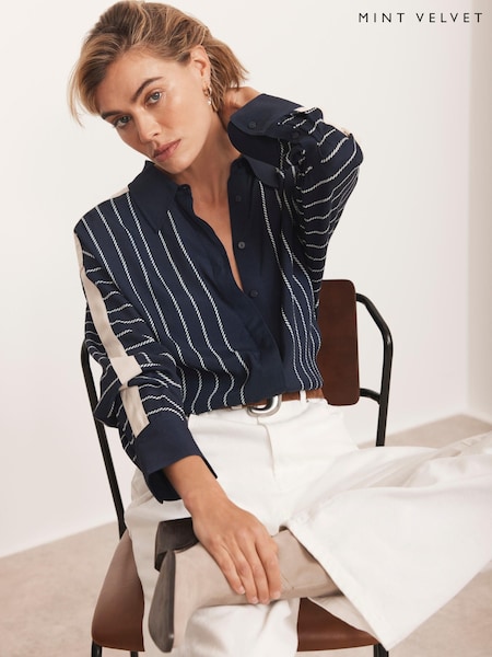 Mint Velvet Blue Striped Graphic Shirt (H83143) | £89