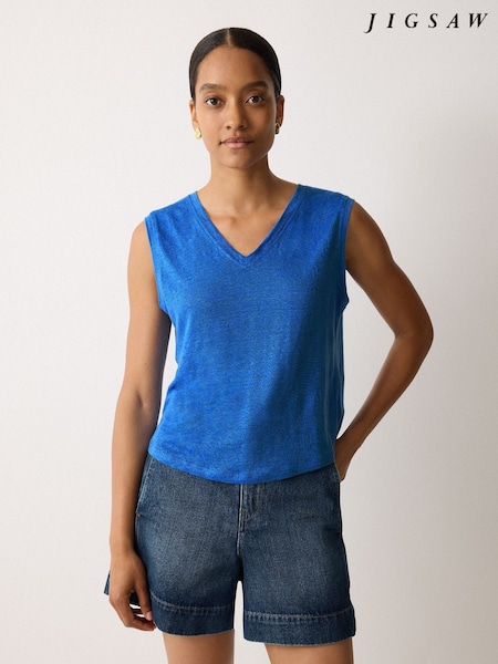Jigsaw Blue Linen V-Neck Tank Top (H83181) | £65